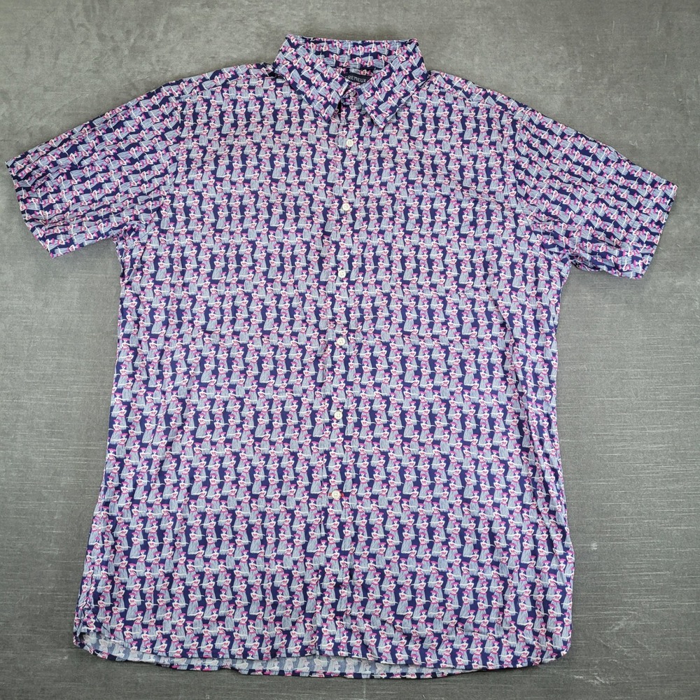 Cremieux Button Down Shirt Mens Large Blue Hula Girl Print Short Sleeve Novelty